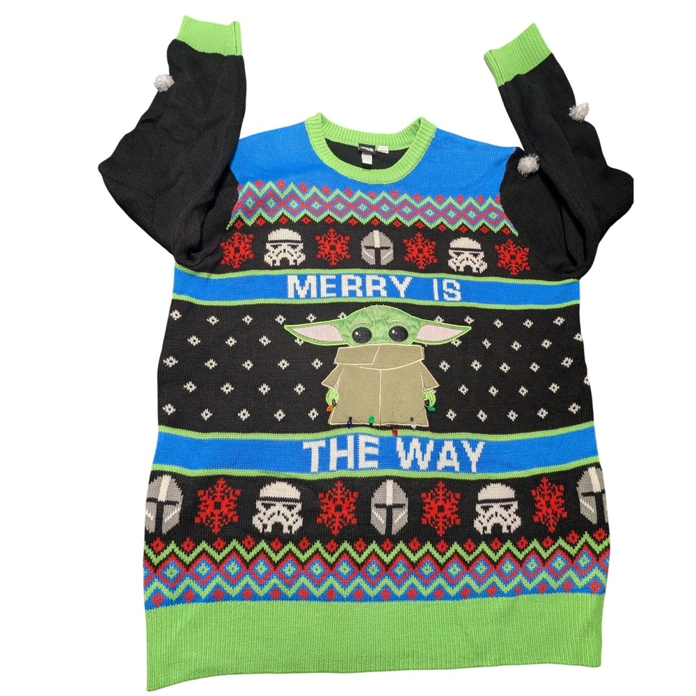 Star Wars Mandalorian Grogu Merry Is The Way Ugly Christmas Sweater S/M Pom Poms